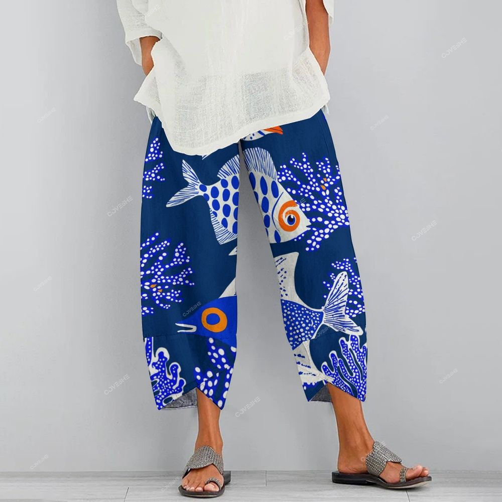 Women's Casual Coral Geometric Fish Printed Pants