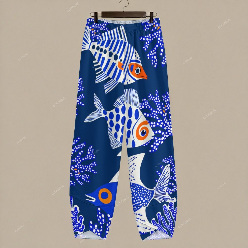 Women's Casual Coral Geometric Fish Printed Pants