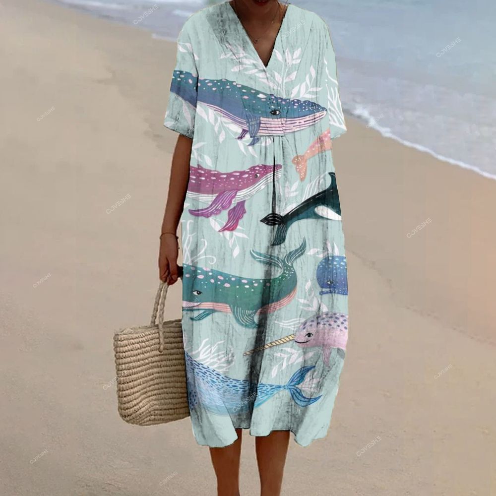 Women's Colorful Dolphin Printed Flowy Dress