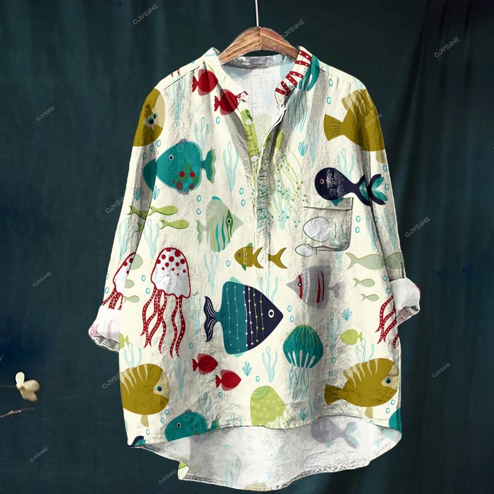 Women's Colorful Cartoon Fish Printed Stand Collar Casual Shirt