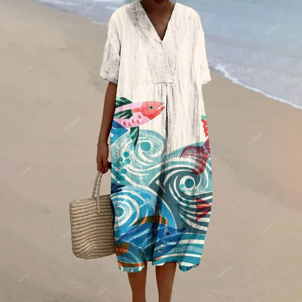 Women's Casual Vintage Wave Koi Printed Pants