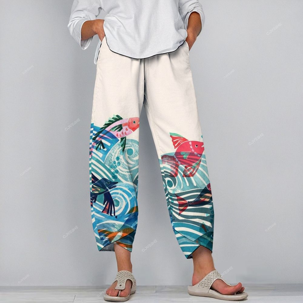 Women's Casual Vintage Wave Koi Printed Pants
