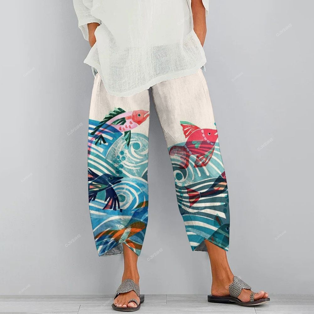 Women's Casual Vintage Wave Koi Printed Pants