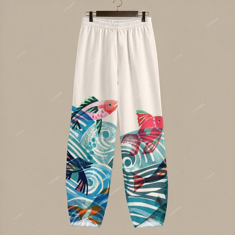 Women's Casual Vintage Wave Koi Printed Pants