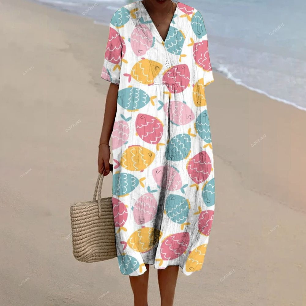 Women's Colorful Cartoon Fish Printed Flowy Dress