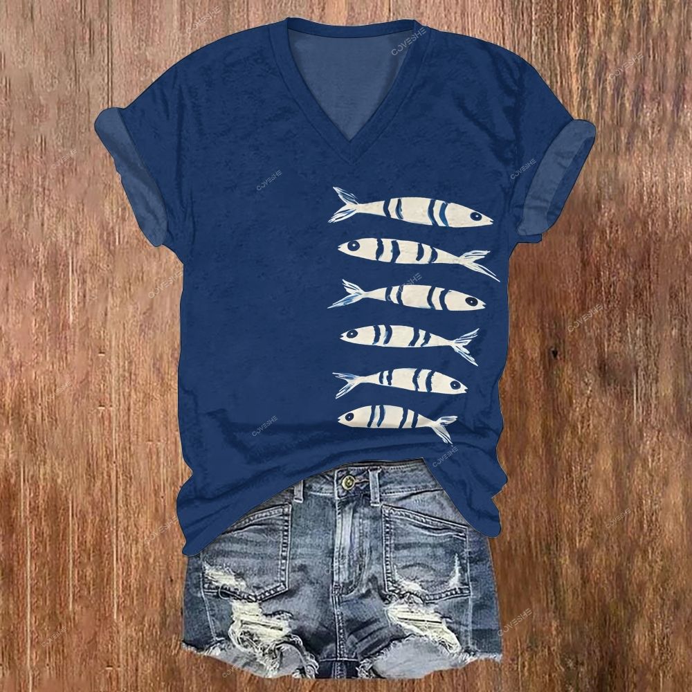 Women's V-neck Geometric Fish Printed Short Sleeve T-shirt