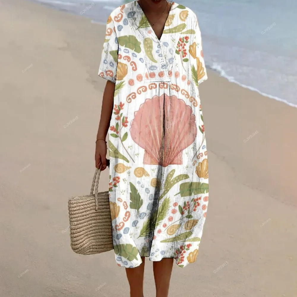 Women's Sleeveless Pink Shell Flower Printed Dress