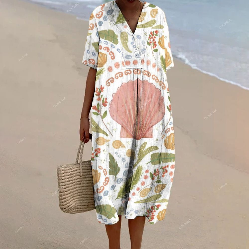 Women's Pink Shell Flower Printed Flowy Dress