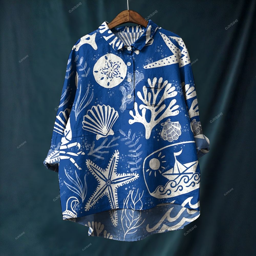 Women's Coral Starfish Printed Casual Long Sleeve Shirt