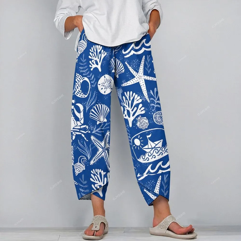 Women's Coral Starfish Printed Casual Long Sleeve Shirt