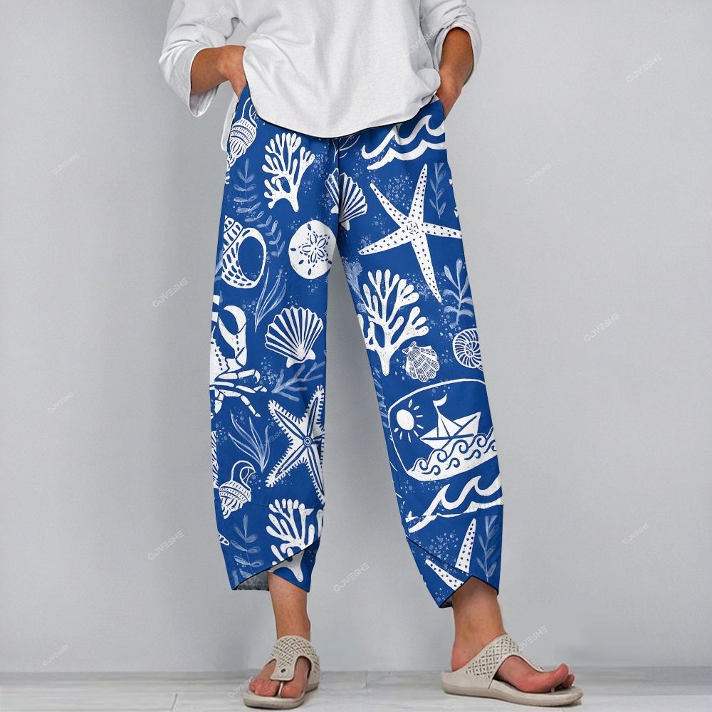 Women's Casual Coral Starfish Printed Pants