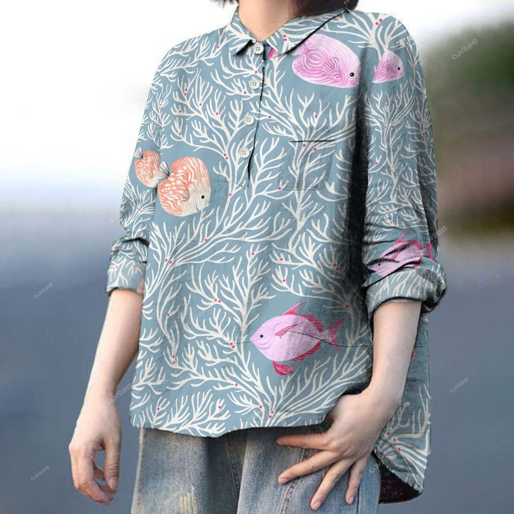 Women's Coral Fish Printed Casual Long Sleeve Shirt