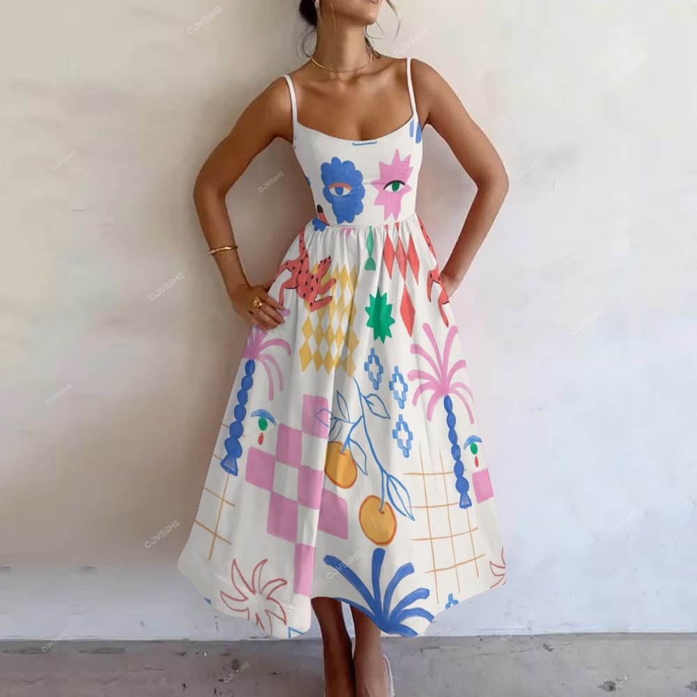 Women's Art Geometric Eyes Printed Slip Dress