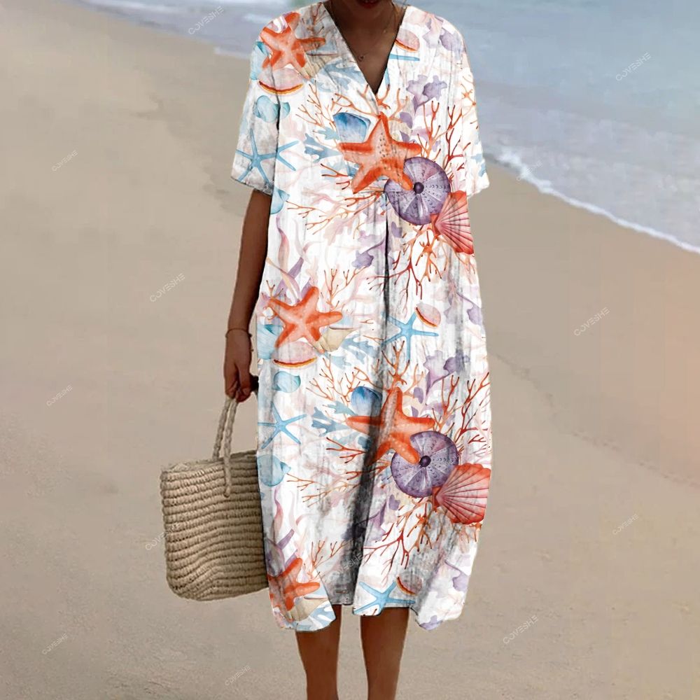 Women's Coral Starfish Printed Flowy Dress
