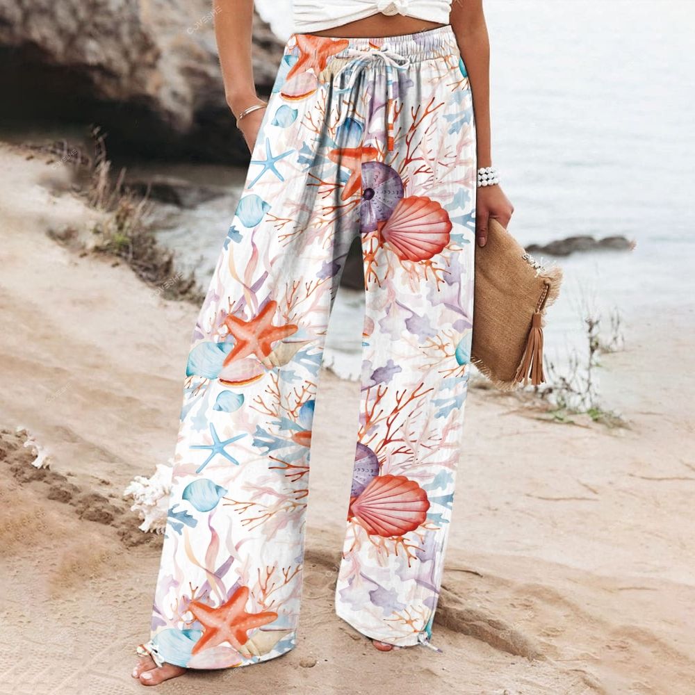 Women's Wide Leg Casual Coral Starfish Printed Pants