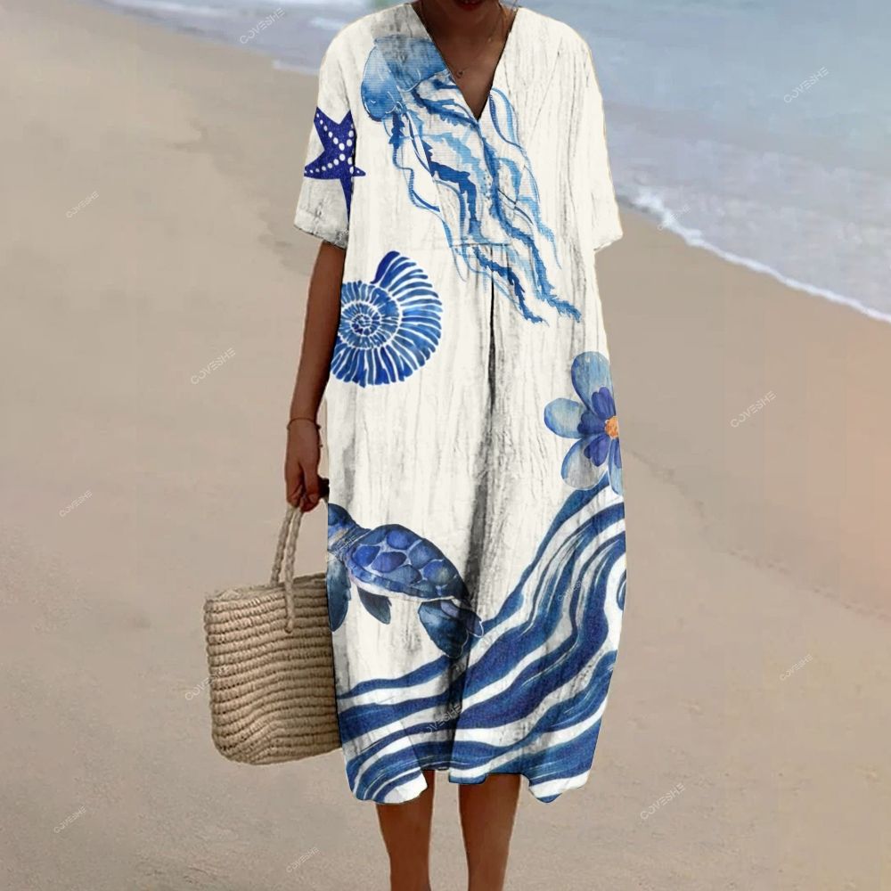 Women's Sea Wave Turtle Jellyfish Printed Flowy Dress