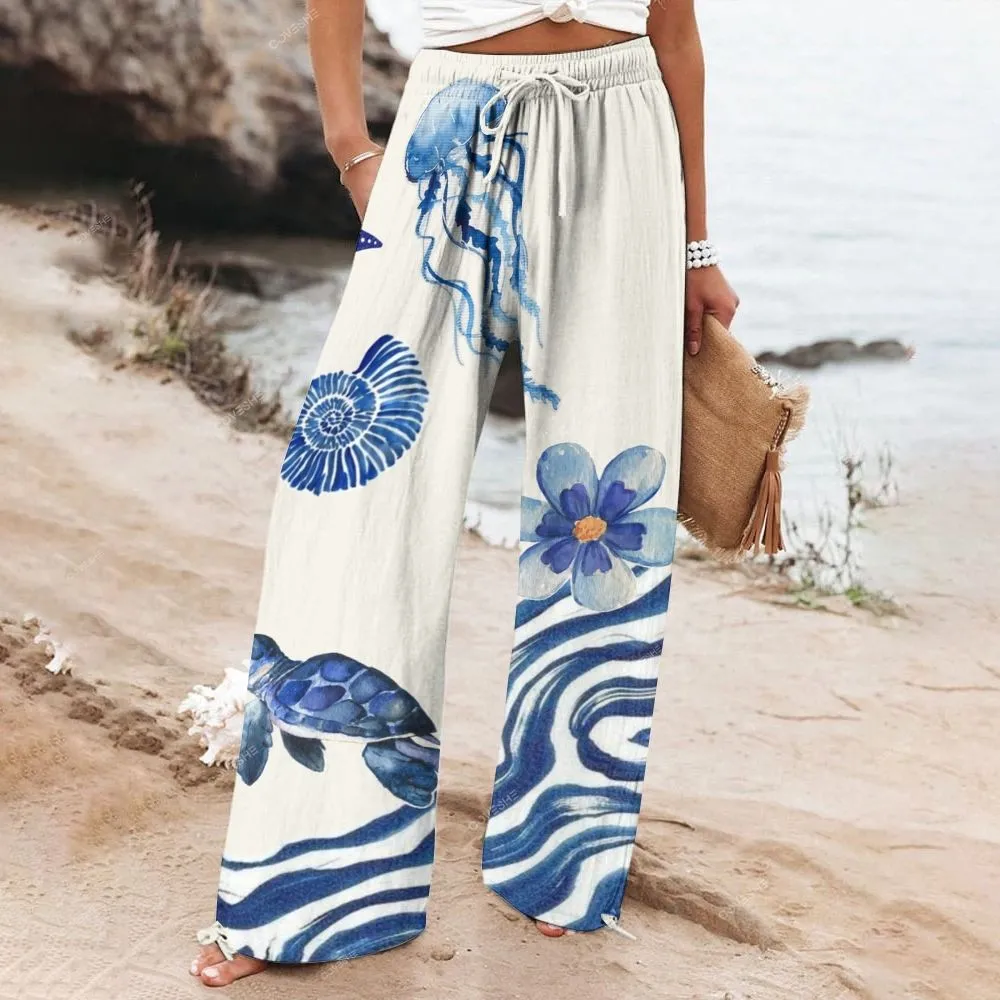 Women's Sea Wave Turtle Jellyfish Printed Flowy Dress