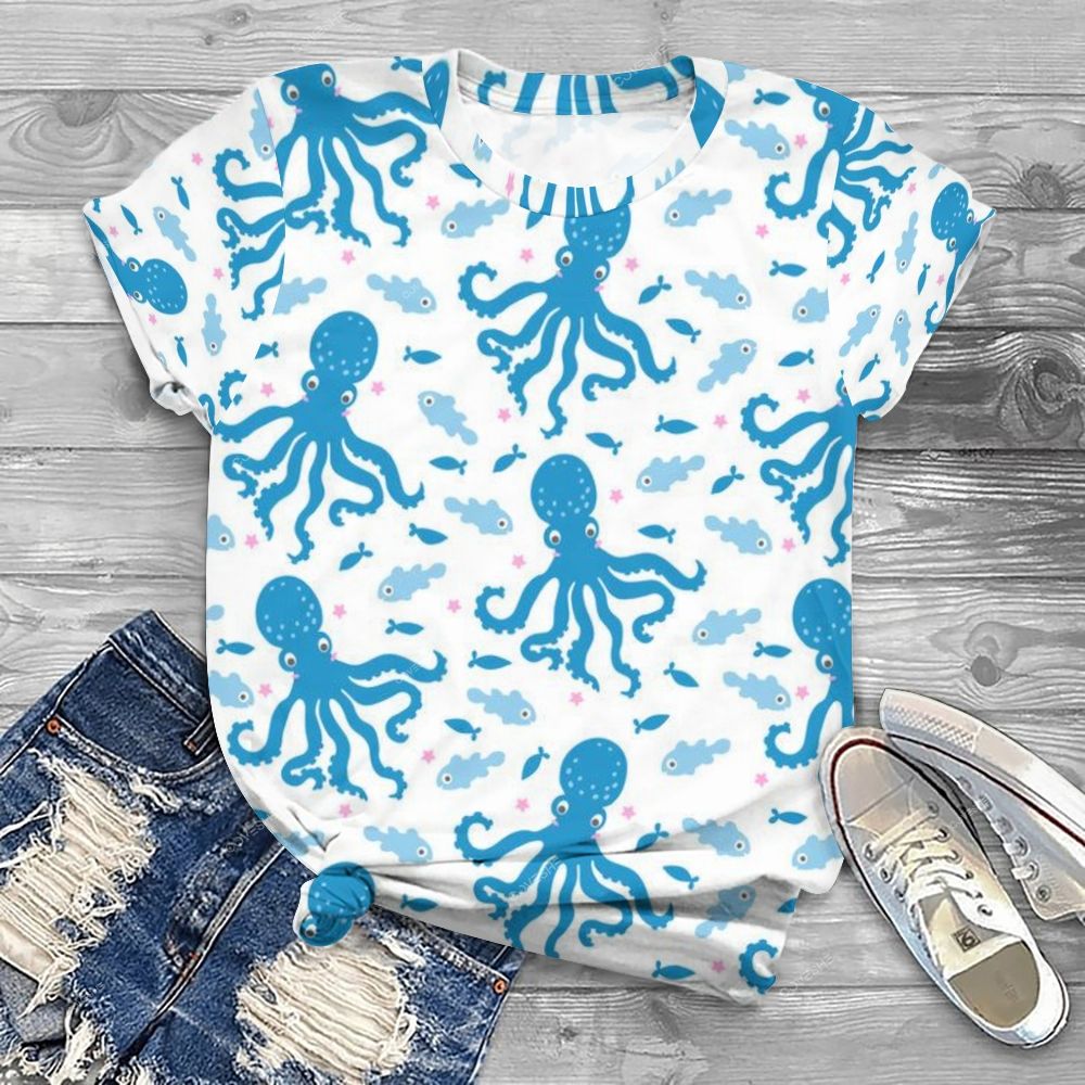 Women's Cartoon Octopus Fish Printed Round Neck T-Shirt