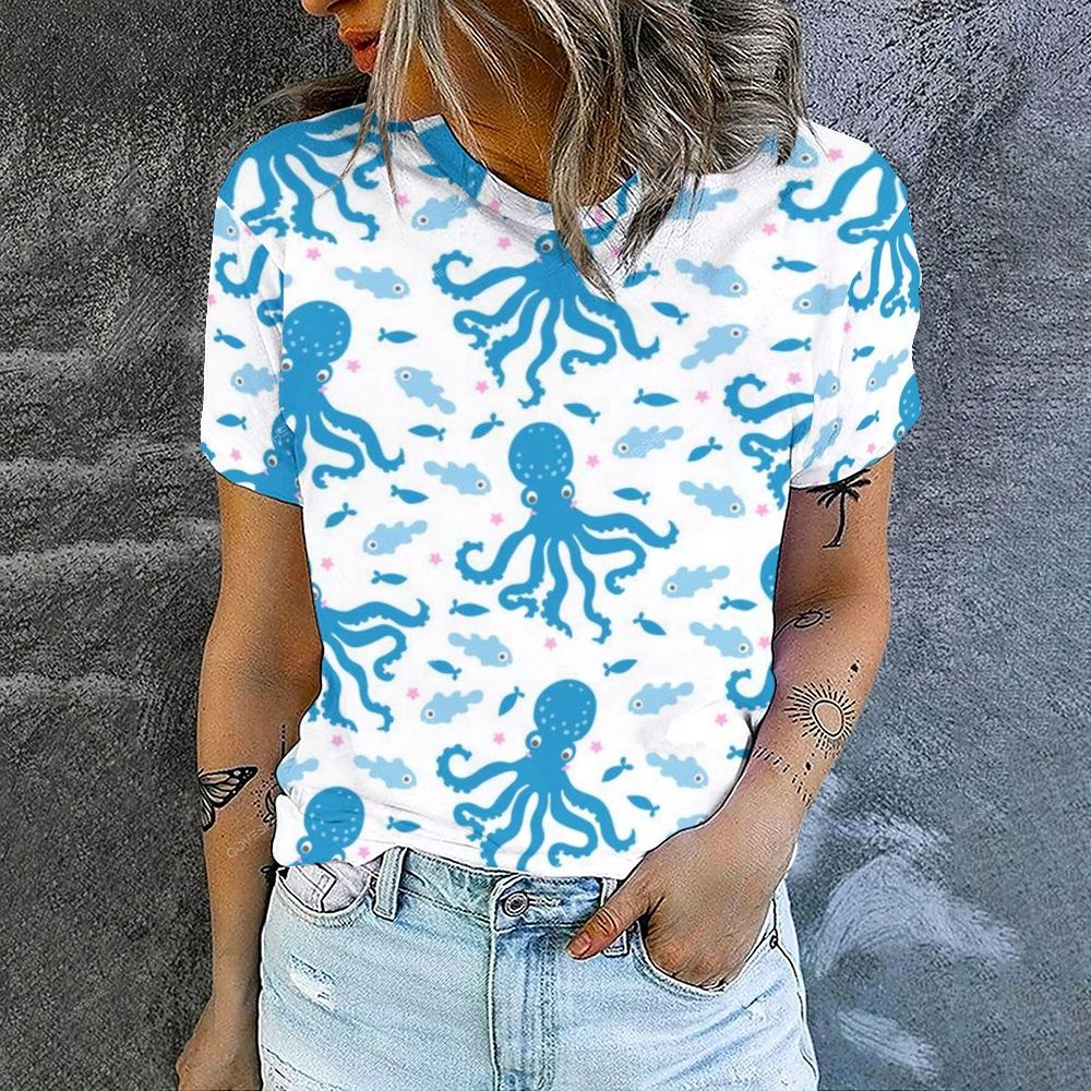 Women's Cartoon Octopus Fish Printed Round Neck T-Shirt
