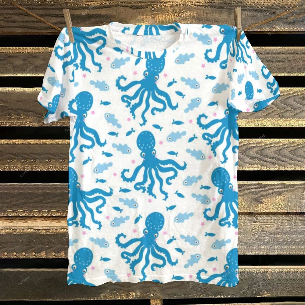 Women's Cartoon Octopus Fish Printed Round Neck T-Shirt