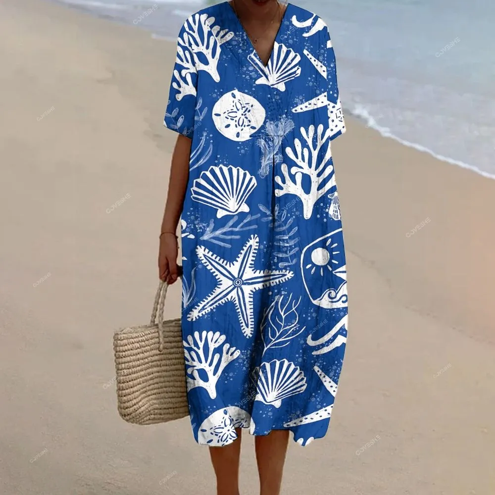 Women's Coral Starfish Printed Casual Long Sleeve Shirt