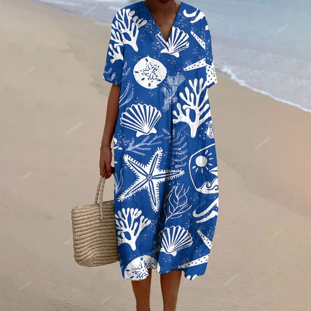 Women's Coral Shell Printed Flowy Dress