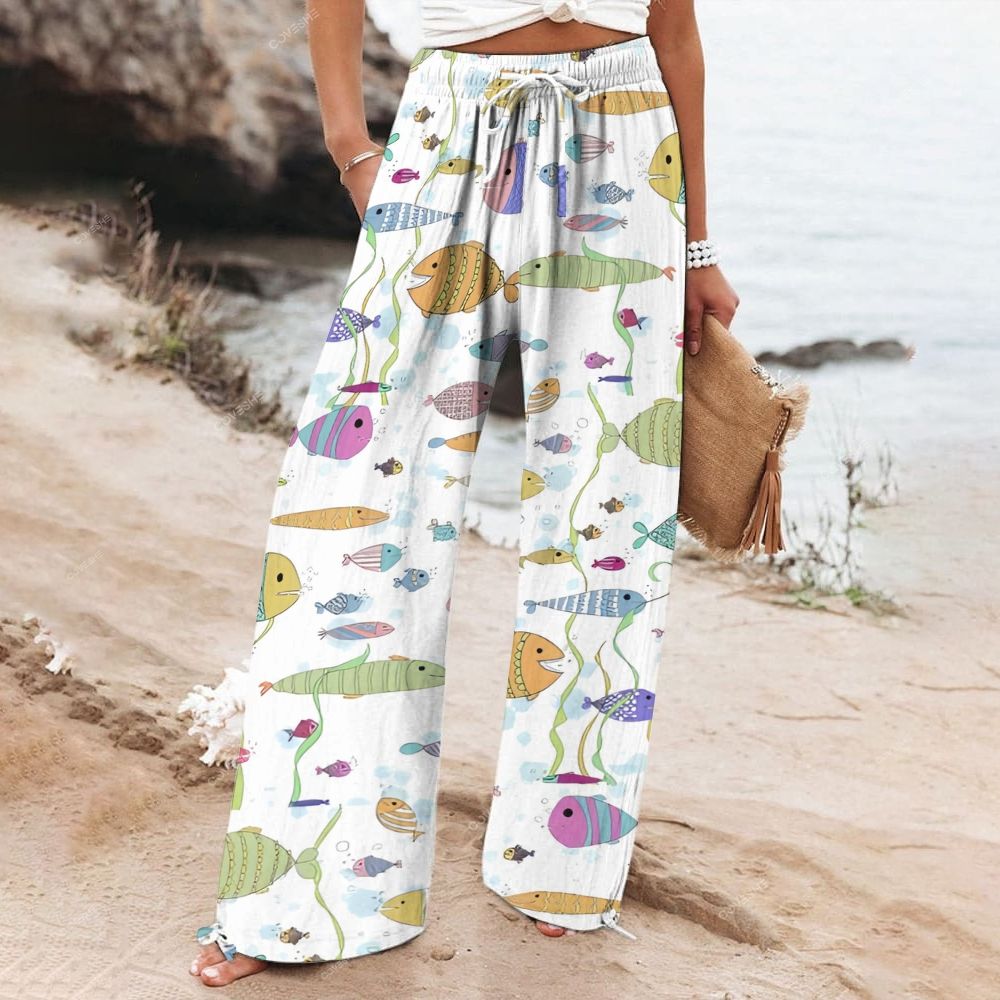 Women's Wide Leg Casual Colorful Cartoon Fish Printed Pants