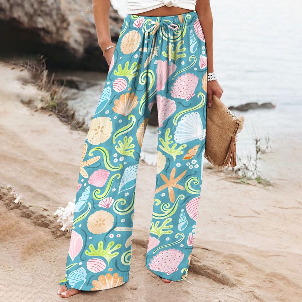 Women's Wide Leg Casual Cartoon Shell Conch Printed Pants