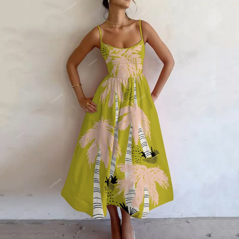 Women's Cartoon Coconut Trees Printed Slip Dress