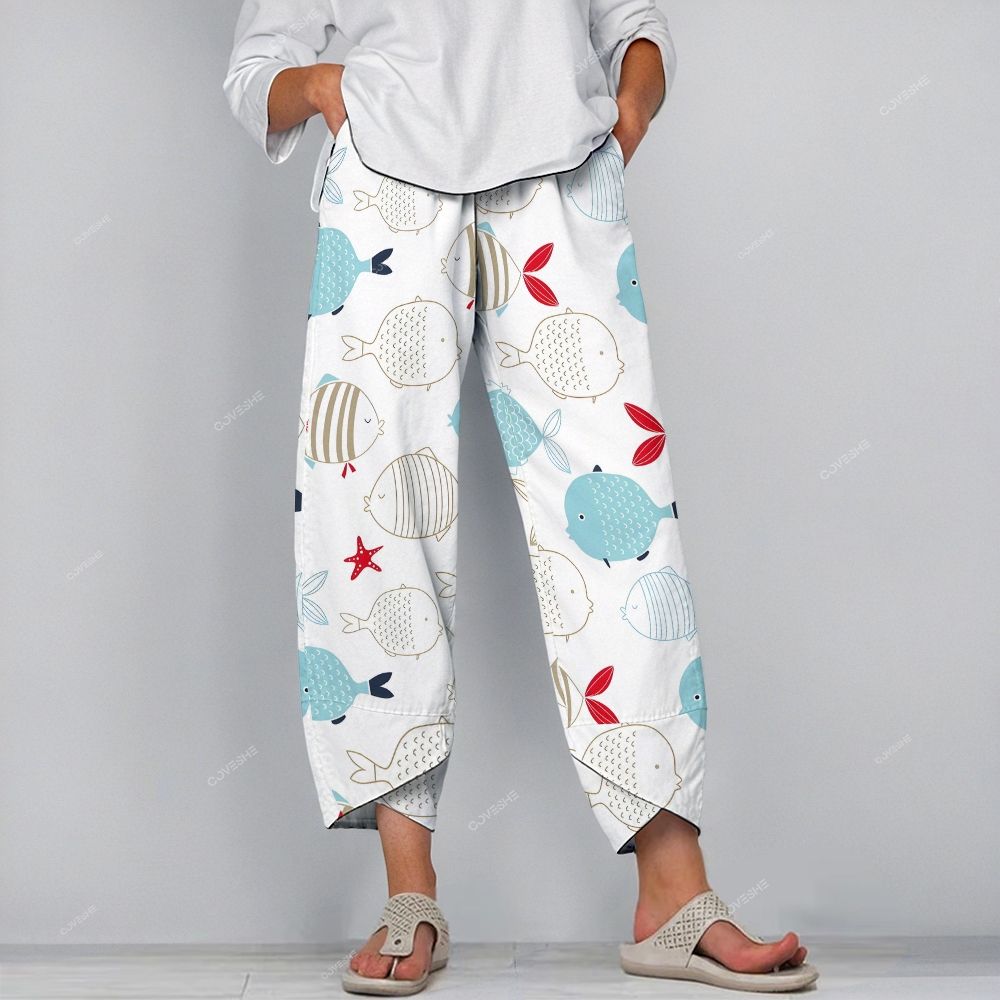 Women's Casual Cartoon Geometric Fish Printed Pants
