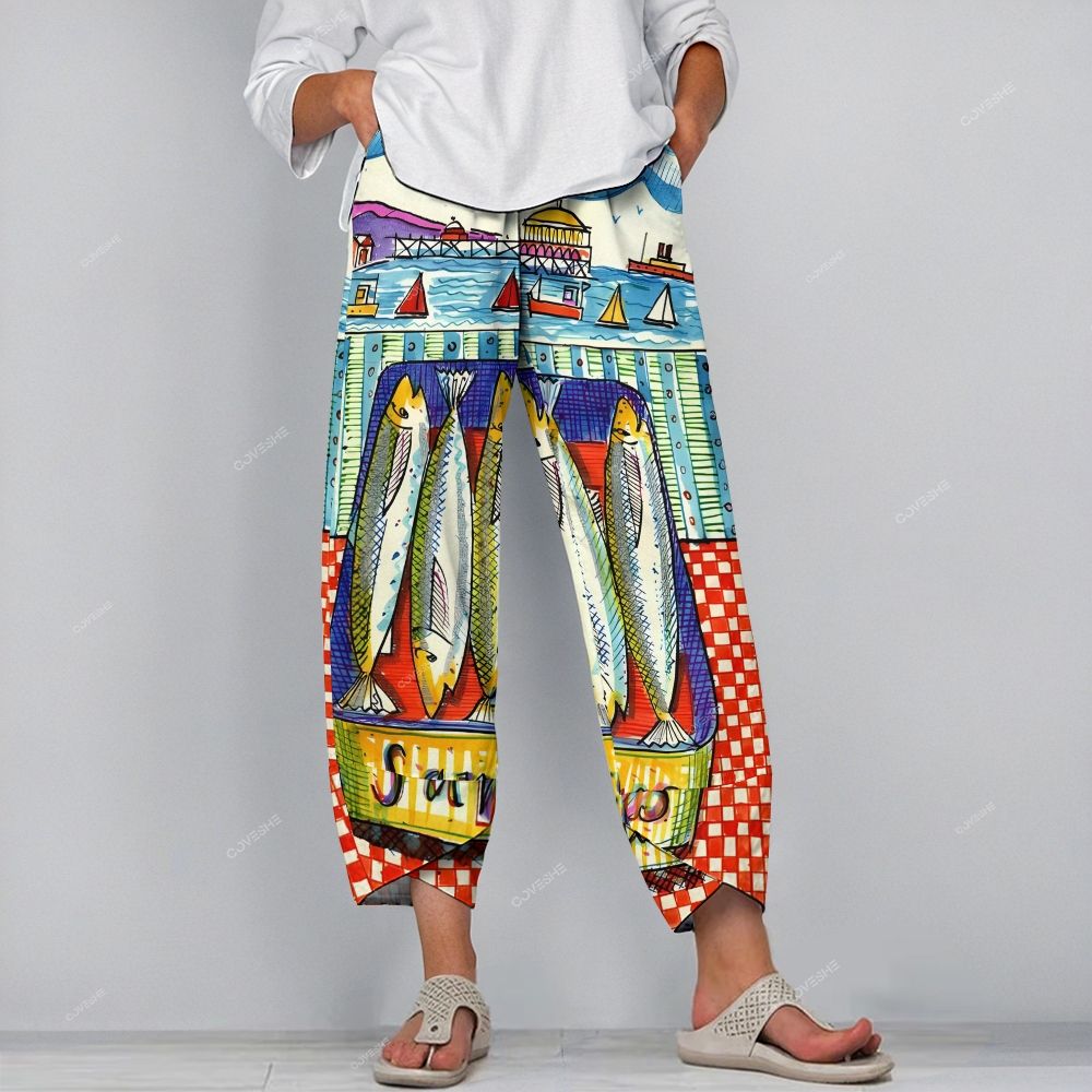 Women's Casual Vintage Sardines Printed Pants
