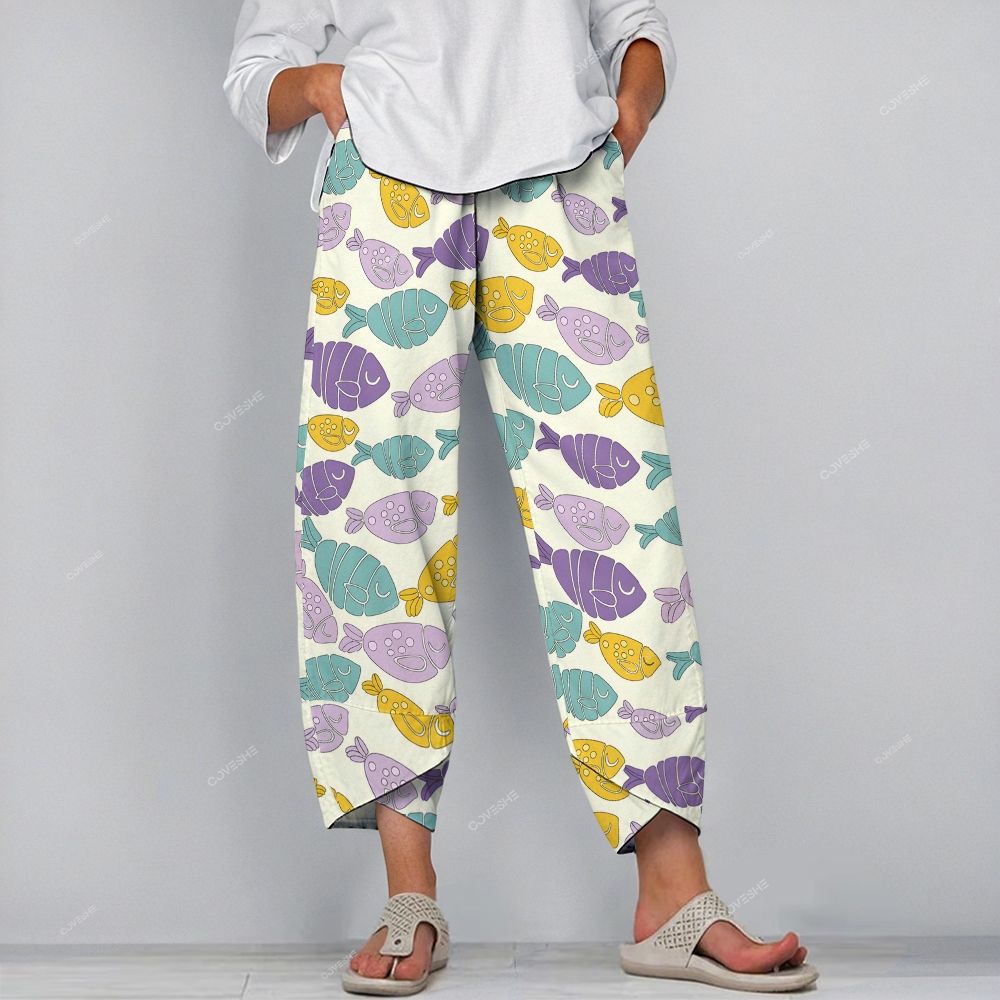 Women's Casual Cartoon Colored Fish Printed Pants