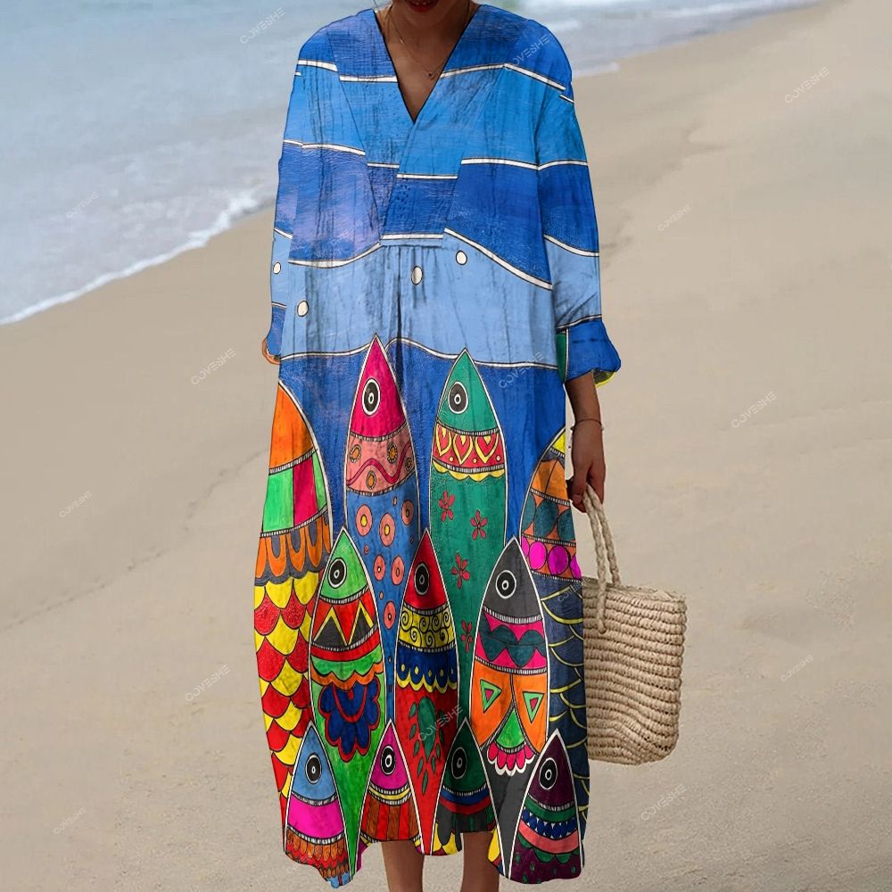 Women's Colorful Retro Flower Fish Printed Maxi Dress