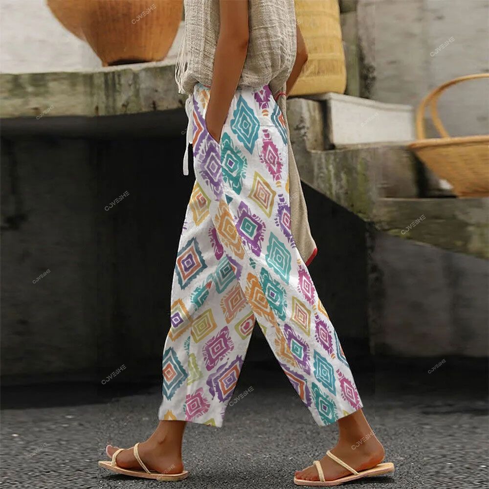 Women's Colorful Geometric Rhombuses Printed Trousers