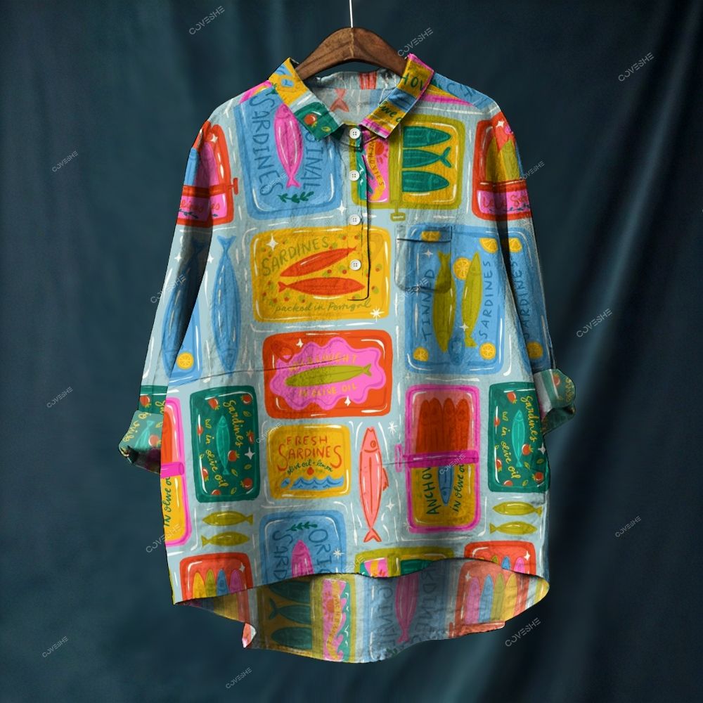 Women's Colorful Sardines Cans Printed Casual Long Sleeve Shirt