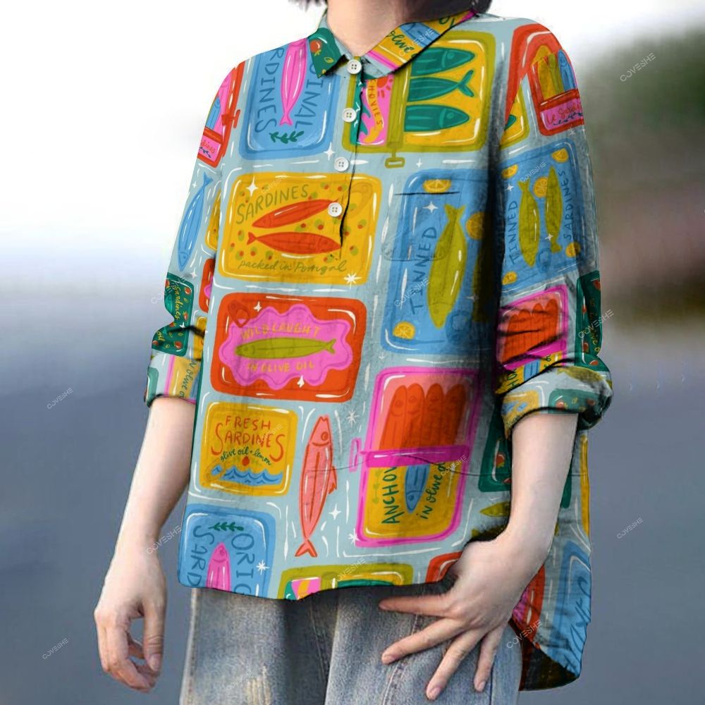 Women's Colorful Sardines Cans Printed Casual Long Sleeve Shirt