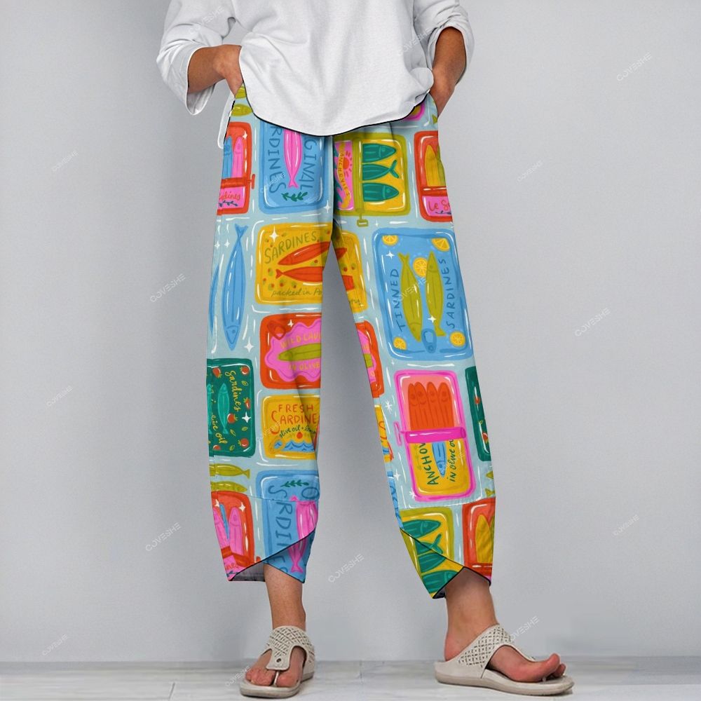 Women's Casual Colorful Sardines Cans Printed Pants