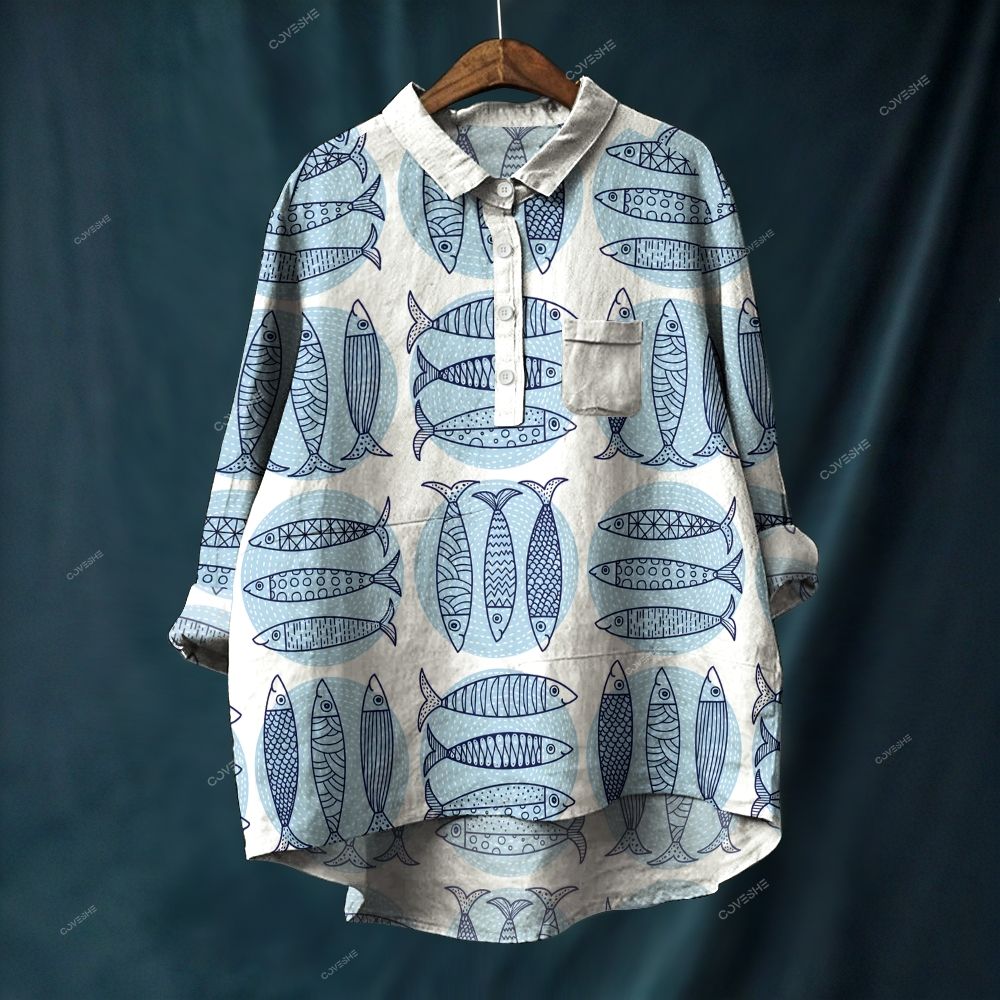 Women's Blue Fish Printed Casual Long Sleeve Shirt