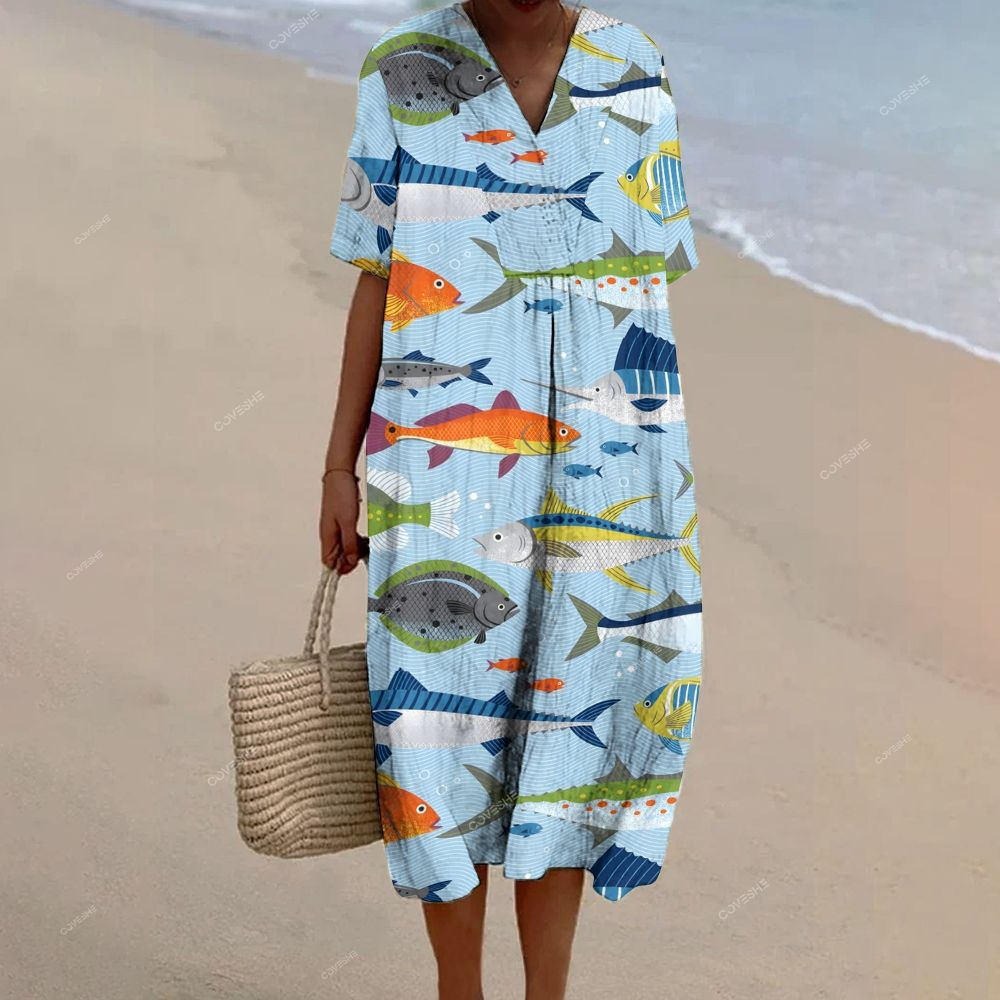 Women's Colorful Fish Printed Flowy Dress