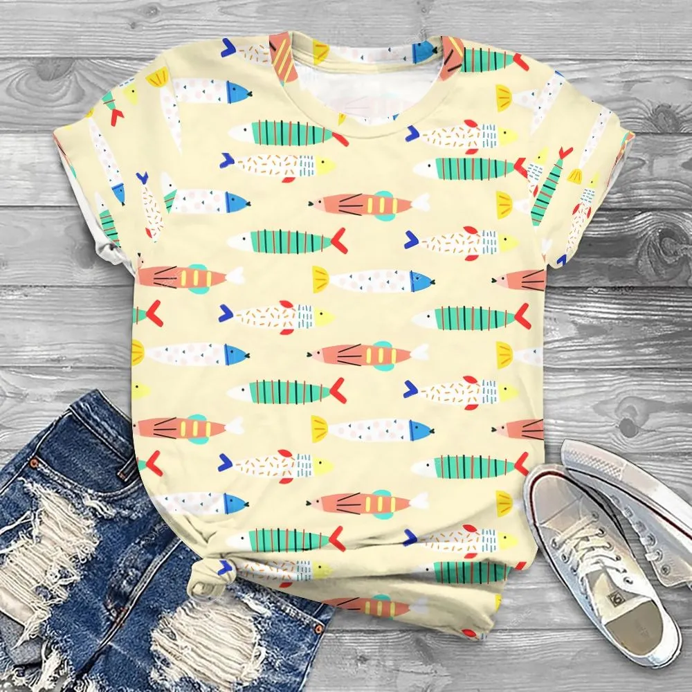 Women's Colorful Abstract Fish Art Print Casual 3/4 Sleeve Shirt