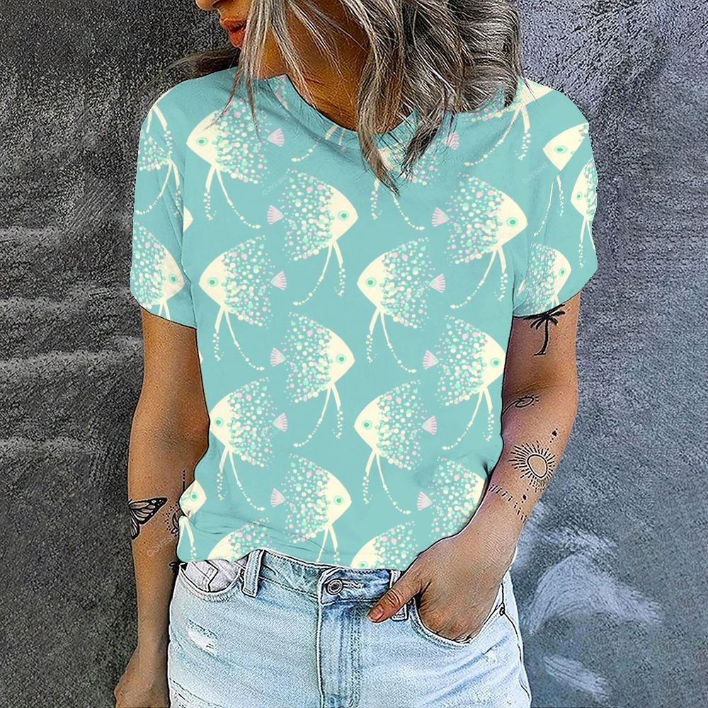 Women's Artistic Cartoon Fish Printed Round Neck T-Shirt