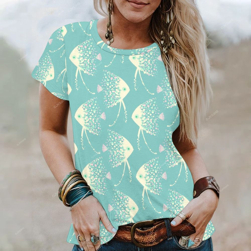 Women's Artistic Cartoon Fish Printed Round Neck T-Shirt