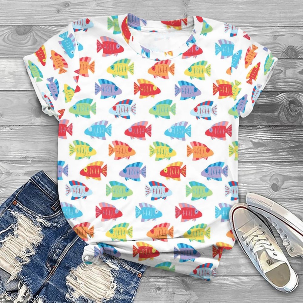 Women's Colorful Cartoon Fish Printed Round Neck T-Shirt