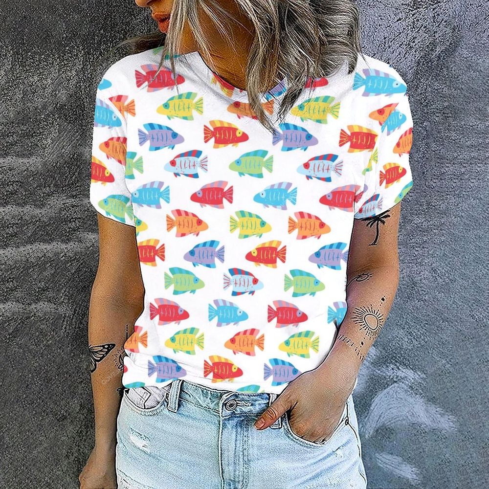 Women's Colorful Cartoon Fish Printed Round Neck T-Shirt