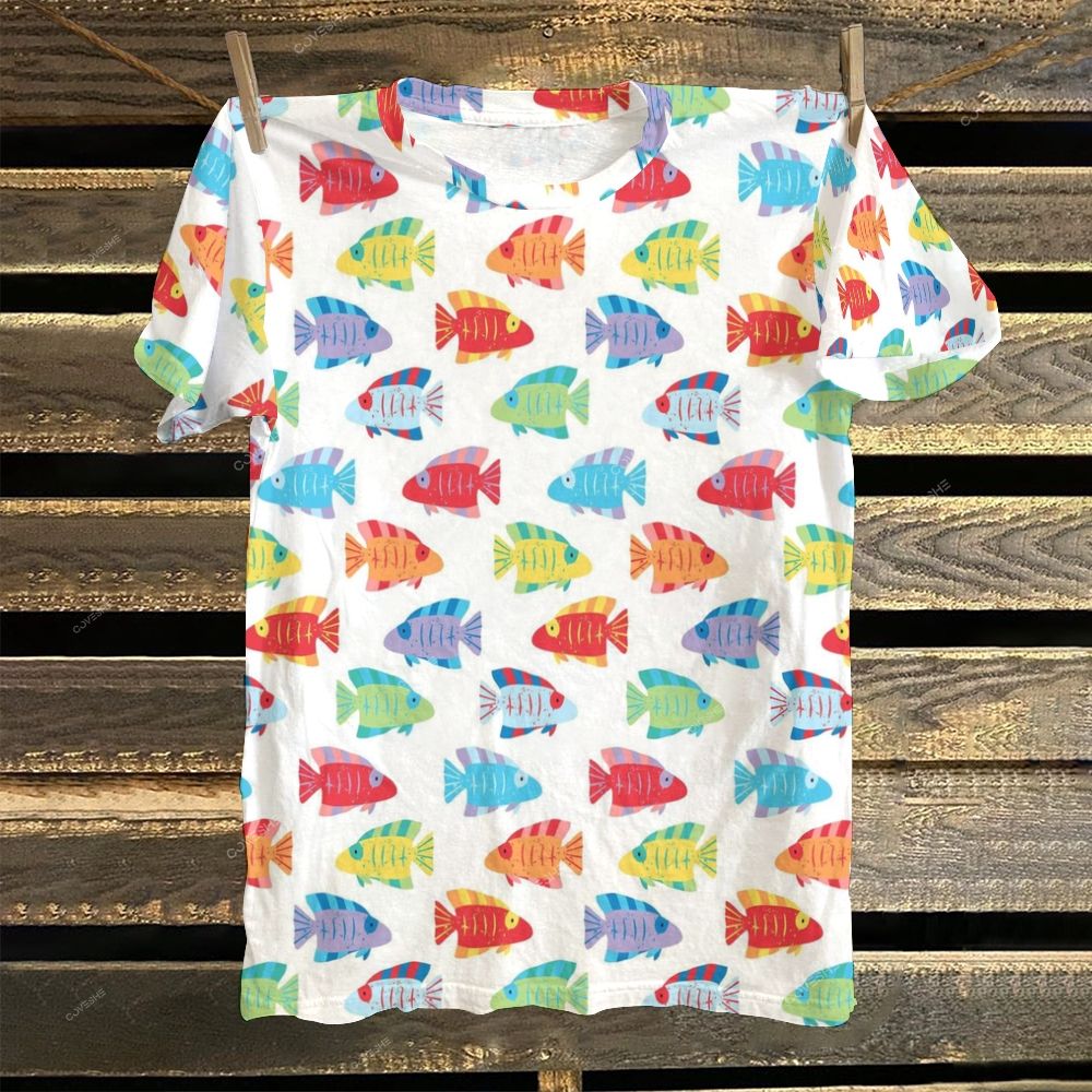 Women's Colorful Cartoon Fish Printed Round Neck T-Shirt