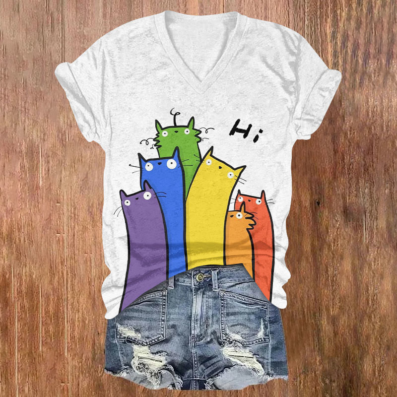 Lovely Greeting Elongated Cat Art Print Casual T-shirt