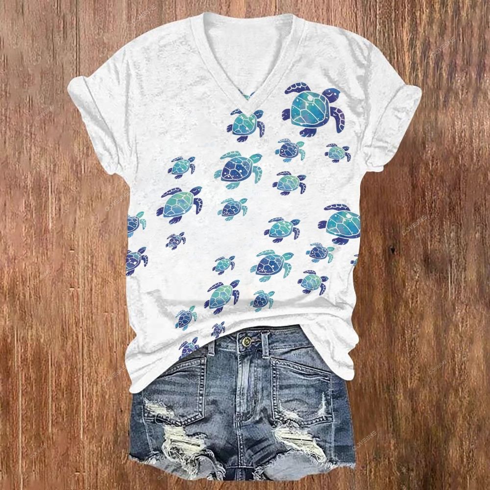 Women's V-neck Sea Turtles Printed Short Sleeve T-shirt