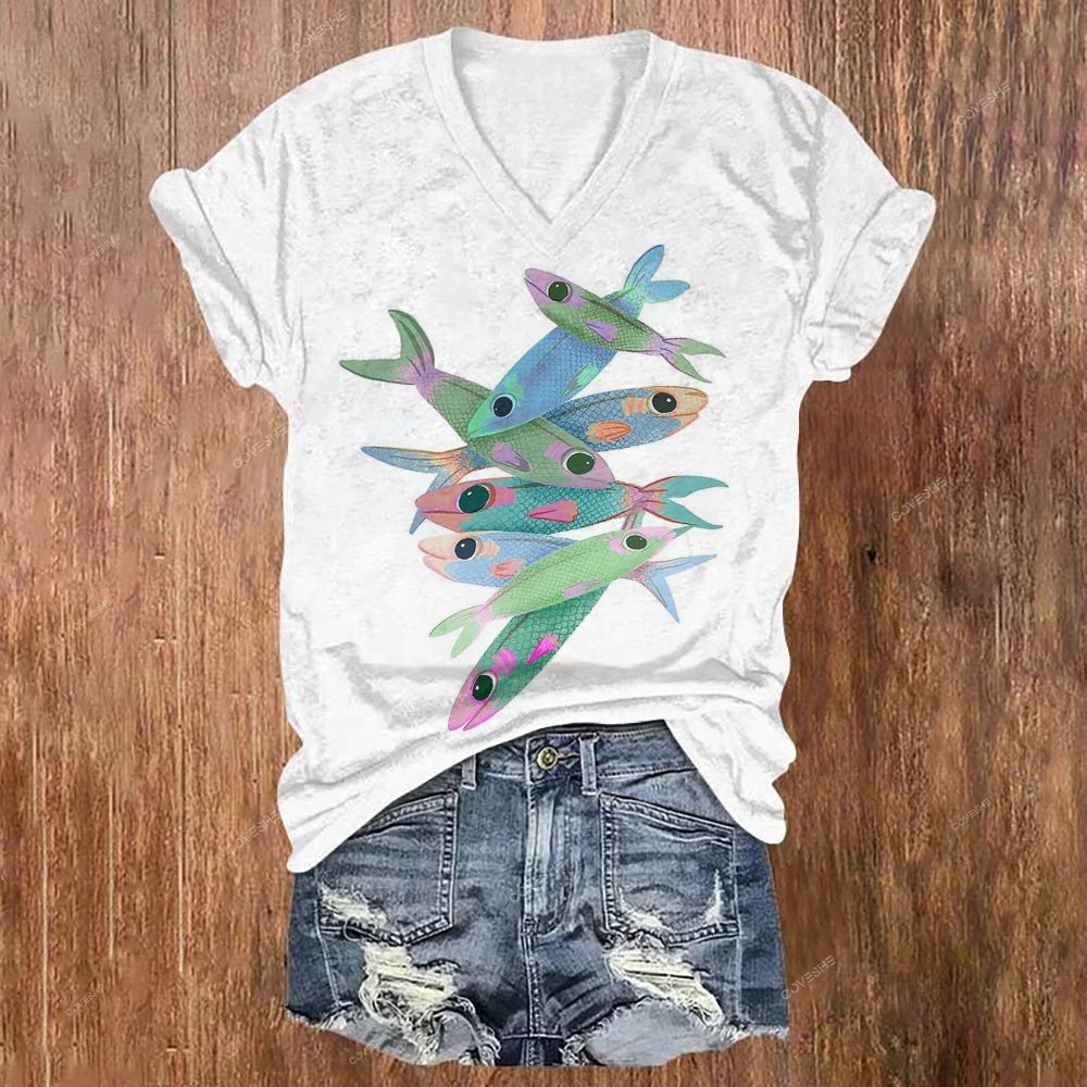 Women's V-neck Colorful Fish Printed Short Sleeve T-shirt