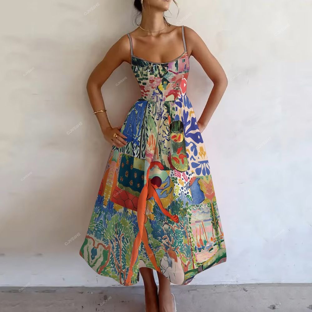 Women's Vintage Painting Printed Slip Dress