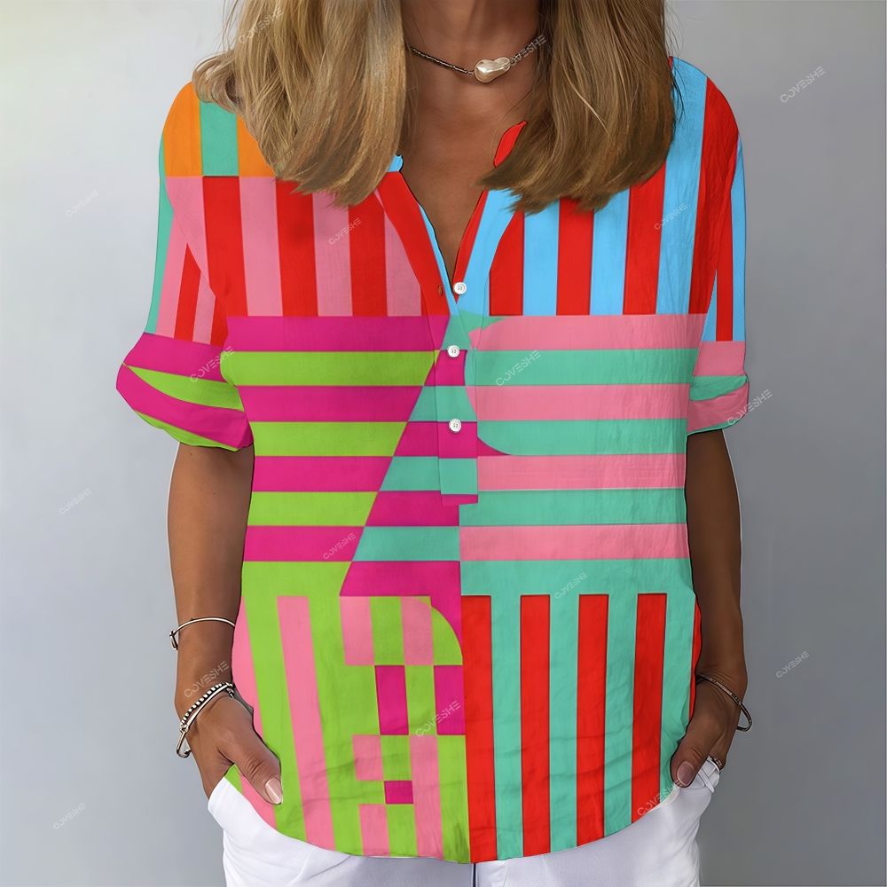 Women's Colorful Geometric Stripes Printed Stand Collar Short Sleeve Shirt
